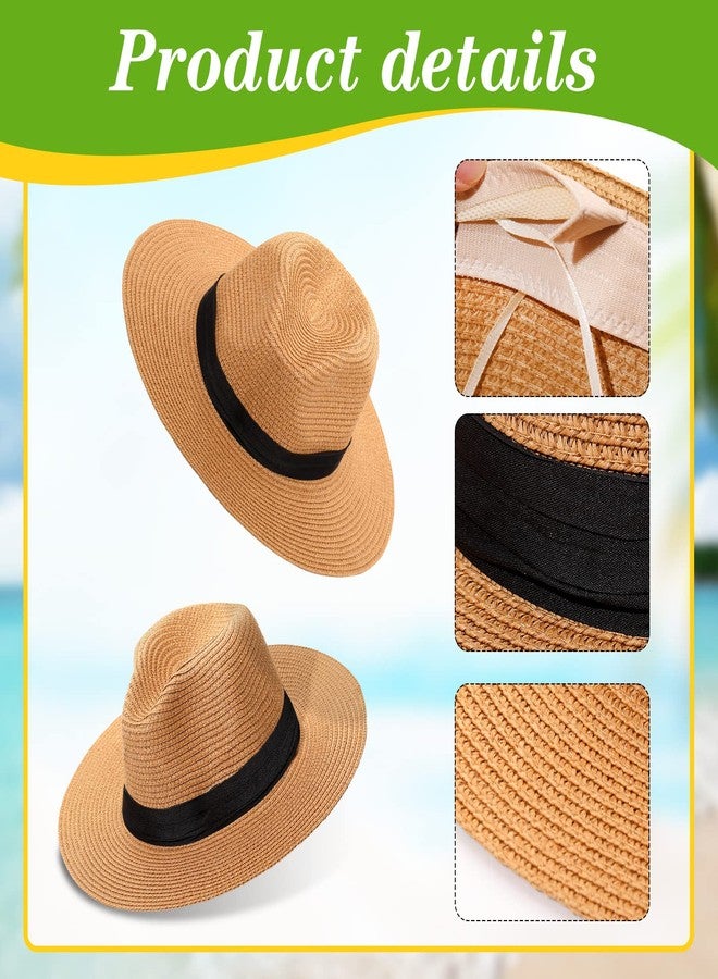 SEEWEY 6 Pcs Panama Straw Hats for Men and Women Foldable Wide Brim Bride Hats Summer Sun Protection for UV Protection(Light Coffee) - Image 3